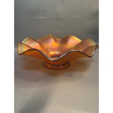 Vintage Marigold Carnival Glass Ruffled Bowl Iridescent Floral Footed Dish picture