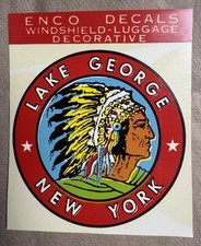 LAKE GEORGE NY TRAVEL DECAL NATIVE AMERICAN CHIEF ENCO 40’s 50’s INDIAN UNUSED picture