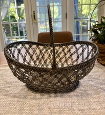 VTG Silver Plated Wire Basket Woven Open Lattice Oval Braided Handle Bread Fruit picture