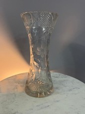Vtg Cut Crystal Glass Vase Floral Etched Wheel Cut Diamond Scalloped Rim 12.5