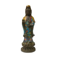 Vintage Metal Blue Yellow Enamel Cloisonné Standing Kwan Yin Statue ws1426 picture