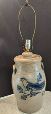 Vtg 1986-87 Rowe Pottery Salt Glaze Cobalt Blue Bird Crock Jar / Lamp 14” picture