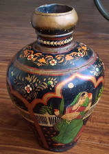 Vtg Indo-Raj Mughal Water Jug Vase Indian Hand Painted Hammered Metal Floral 10