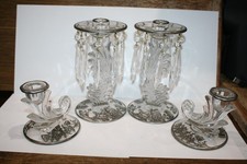 4 VTG Fostoria Baroque Clear Crystal Candlesticks Silver City Floral Overlay picture