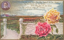 JAMES RUSSELL LOWELL POEM GREETING POSTCARD RED YELLOW ROSE TRAIN STATION 1910s picture