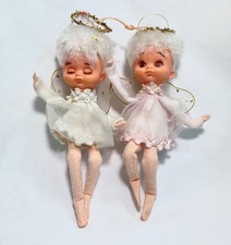 2 Vintage Pink Angel Ornament Pixie Fairy Elf Shelf Sitter MCM 60s picture
