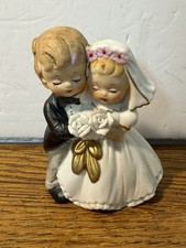 Vintage Enesco Bride Groom Wedding Cake Topper Figurine Taiwan Ceramic Bisque picture