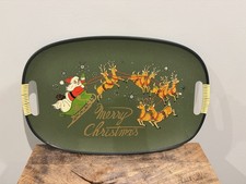 Vintage Green Merry Christmas Santa Sleigh Reindeer Serving Tray Japan MCM picture