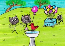 Tambra ACEO Original Art Painting Balloons in the Park Black Cat Stick Cats picture