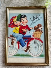 1940s/1950s Framed Kitschy Artwork Bike Scene Cardstock Get Better MCM Decor picture