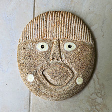 African Style Hand Carved Round Face Mask Wall Hanging, Textured Stone/Clay picture