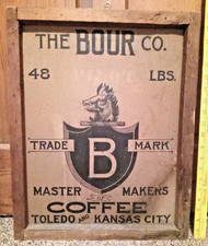 Antique Pre-1921 Bour Co Coffee Wood Crate Sign Toledo Kansas City Boar Logo 21