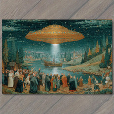 POSTCARD Medieval UFO Landing Crowd River Village Night Sky Mystery Encounter picture