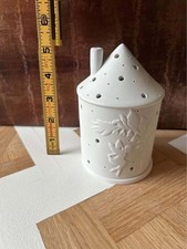 White Ceramic House-Shaped Candle Holder with Floral Design picture