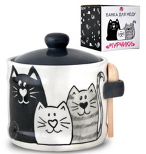 STPGoods Cats Ceramic Jar with Spoon Lidded Sugar Bowl 14 oz Kitchen Canister picture