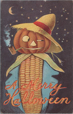 1908 Embossed A Merry Halloween Postcard Head Scarecrow Corn Cob Jack O Lantern picture