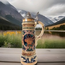 VTG Gerz Rare PRE WWII Stein Hunting Dog & Stags German Lidded Breweriana # 660 picture