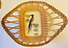 Vintage Mexican Folk Art Feather Bird Wicker Basket Tray Wall Decor picture