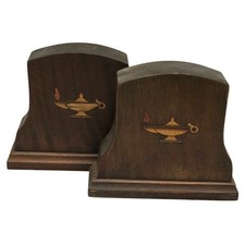 Vintage Walnut Wood Bookends Aladdin Genie Lamp Inlay Mid Century home decor set picture
