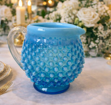 Fenton Hobnail Blue Opalescent Glass Pitcher creamer milk MCM USA picture
