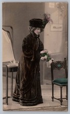RPPC Beautiful Woman in Fur Coat Large Hat Hand Tinted Postcard picture
