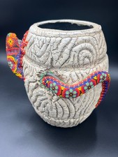 RENOWNED HUICHOL INDIAN ARTISAN Lizard Beaded Vase 10.5” Tall picture