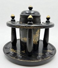 Vintage Japanese Black Lacquer Smoking Set Mt Fuji Pagoda Pipe Holder picture