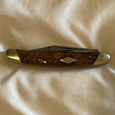 Shapleigh HDWE Co Diamond Edg Green Bone Curved Pocket Knife Slanted Balusters ￼ picture