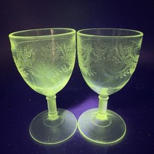 Antique EAPG Capitola Barley Goblet Bryce Higbee Clear Cups Manganese 365nm Set2 picture