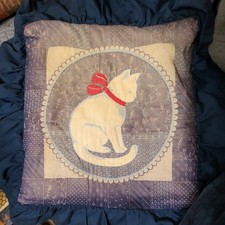 Vtg 80s Kitty Cat Pillow Sham Ruffle Blue Embroidered Quilt Country Grandmacore picture