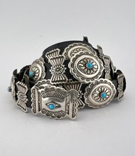 Vtg Navajo Native American Sterling Silver Turquoise 40 Concho Leather Hat Band picture
