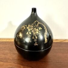 VNTG Japanese Black Lacquer Ware Gold Floral Graphic 6 Coasters Set & Container picture