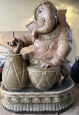Vintage Lord Ganesha Hindu Deity God Master Drummer Large Wood Carved Statue 23” picture