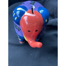 Hand Painted Ceramic Elephant Coin Bank Whimsical Colorful Star Swirl Design picture