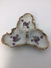 SAJI Vintage Divided Dish Violet Flowers Gold Trim Handle Candy Relish Nut  picture