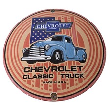 Vintage Chevrolet Trucks Sign - Porcelain Bow-Tie Classic Pickup Gas Pump Sign picture