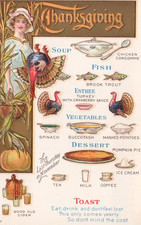 Postcard Thanksgiving Full Meal Menu Turkey Soup Vegetables and Dessert picture