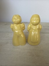 Vtg Yellow Farm Boy & Girl Ceramic Salt & Pepper Shaker Set Of 2 No Stoppers picture