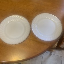 2 Anchor Hocking White Fire King Gold Rim Swirl Milk Glass 10