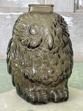 Wise Old Owl 3-D Vintage Glass Piggy Bank Libbey Smoky Color 6 Inch picture