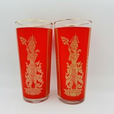 MCM Thai Goddess Culver Glasses Glassware Red And Gold Highball 6.5” Pair picture