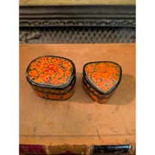 Vintage Kashmiri Papier Mache Trinket Box Set Hand Painted Floral Black Orange picture