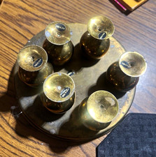 Vintage 1970s Gold Tone Metal Stemmed 2oz Shot Glass Set of 6 w/ Tray picture