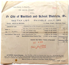1913 Hartford CT Tax Bill Gen Henry C Dwight Military General School District picture