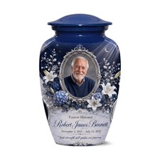 Personalized Blue Floral Memorial Cremation Urn Personalized Funeral Urns 10in picture