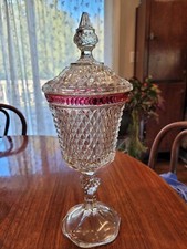 Vintage Indiana Glass Ruby Red Diamond Point Pedestal Covered Compote picture