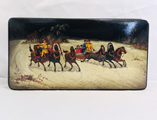 Hand-Painted Hinged Black Lacquer Trinket Box Horse-Drawn Sleigh Winter Scene picture