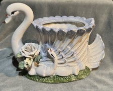 Vintage White Ceramic Swan Planter Glossy Indoor Decorative Collectible picture