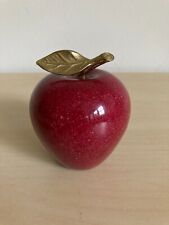 Polished Marble Stone Alabaster Red Apple Paperweight Brass Leaf 3.75