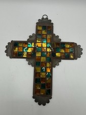 Vtg Handcrafted Stained Glass Mosaic Cross on Scalloped Metal Wall Hanging 8” picture
